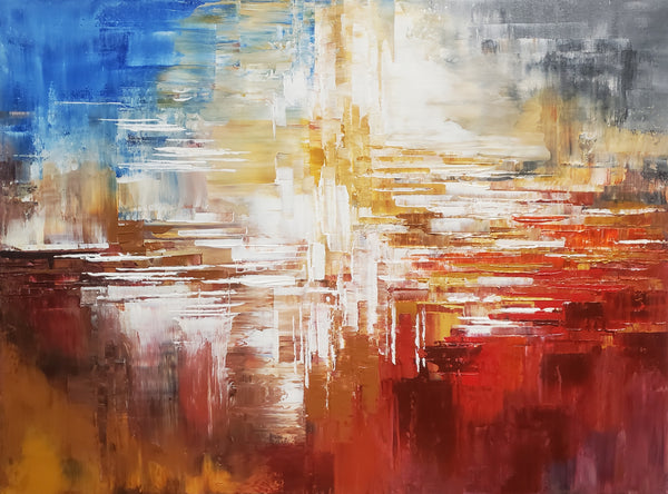 Abstract palette knife painting with a mix of blue, yellow, red, and white colors.